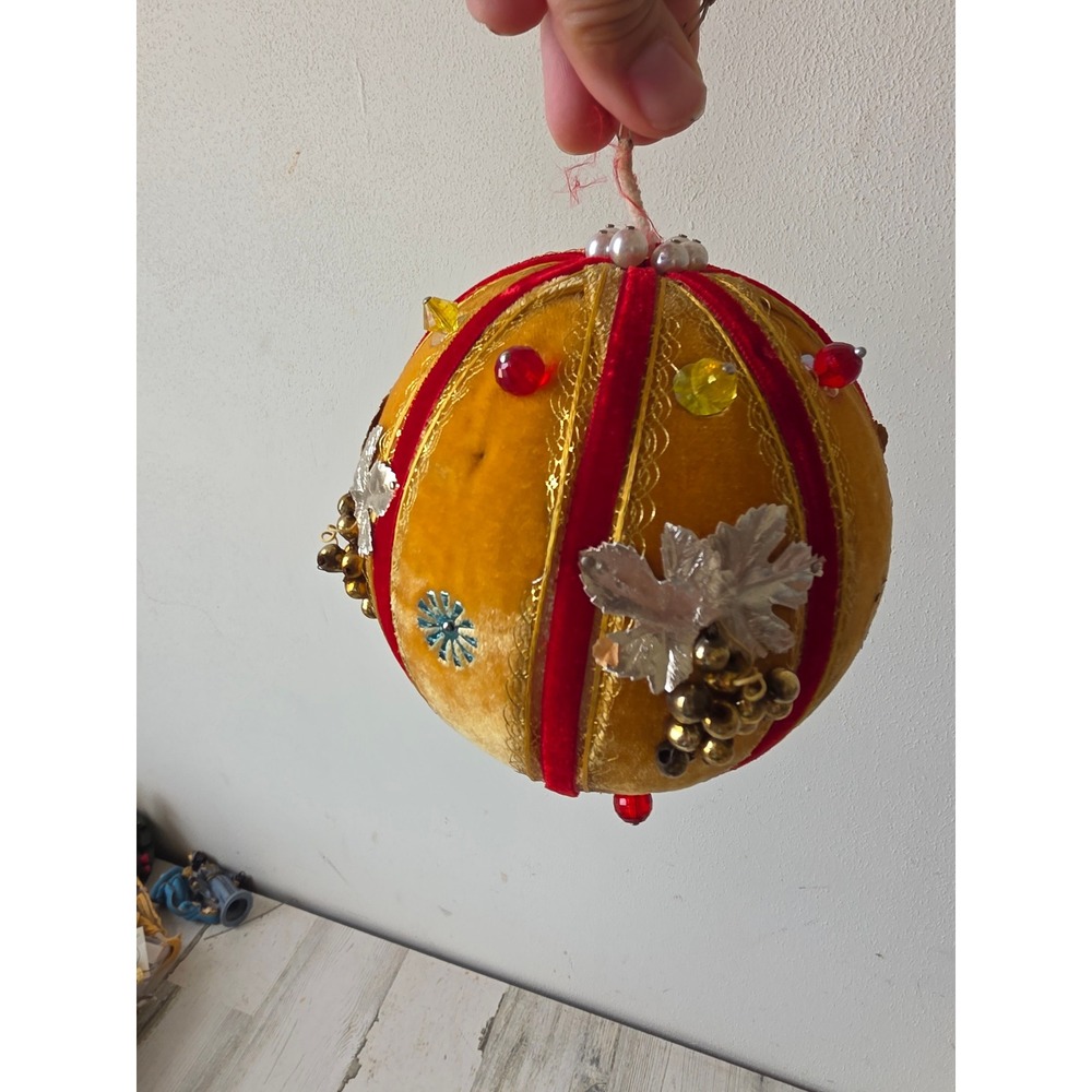 Vintage large push pin ornament orange red mercury glass beaded Xmas tree foil
